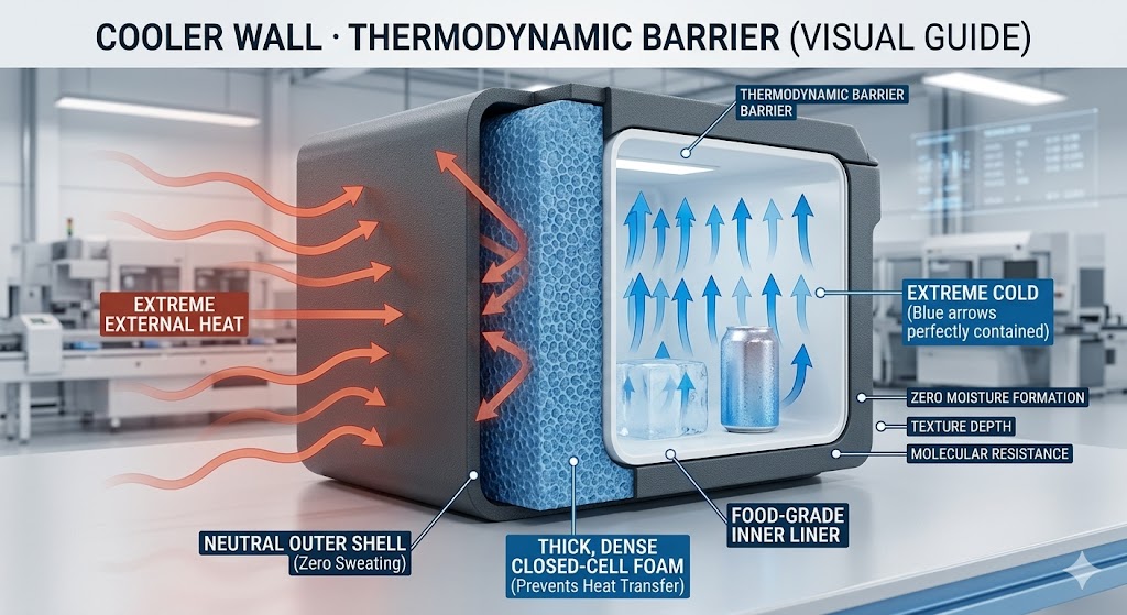 3D cross-section showing how high-density closed-cell foam prevents condensation and ensures 72-hour ice retention.