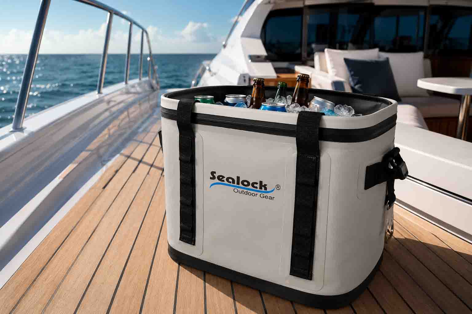 A sweat-proof OEM premium soft cooler backpack sitting dry on a yacht's teak deck, demonstrating zero condensation.