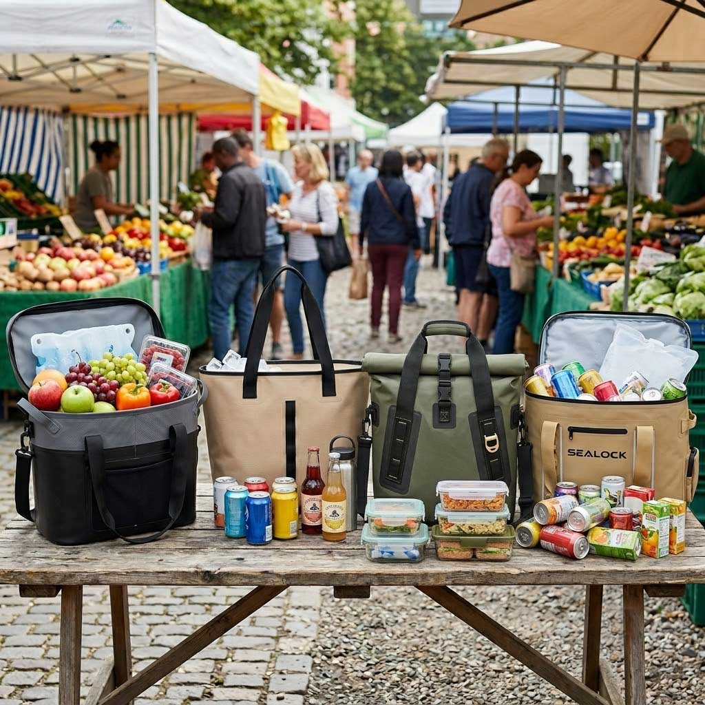insulated tote bags lined up at an outdoor event stall with food and drinks insulated tote bags lined up at an outdoor event stall with food and drinks