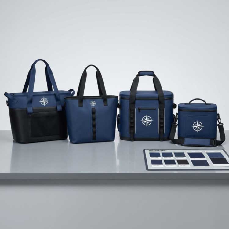 customized cooler tote bags in one brand color with matching printed logo and color swatch