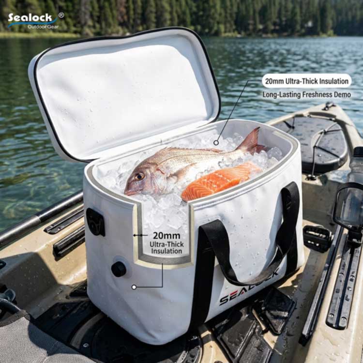 thick thermal fish cooler bag holding iced catch on a kayak deck with mesh tackle pocket thick thermal fish cooler bag holding iced catch on a kayak deck with mesh tackle pocket