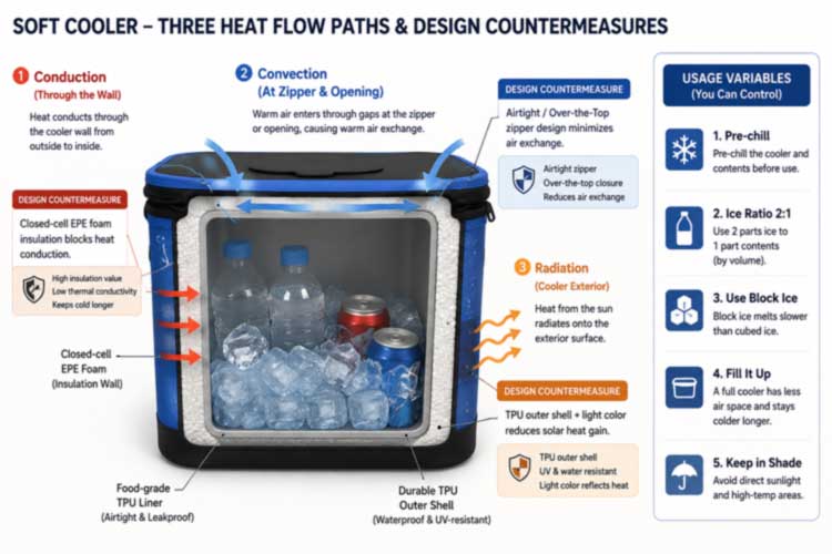 "insulated cooler backpack heat-flow diagram showing conduction, convection and radiation with EPE foam, sealed zipper and shell defenses