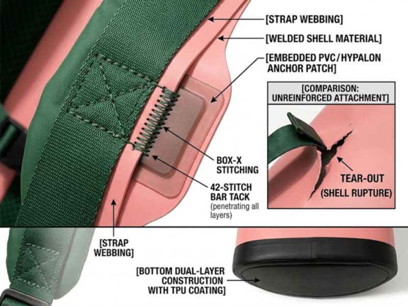 cross-section of a heavy-duty cooler backpack strap anchor with internal reinforcement layer and box-X bar-tack through shell