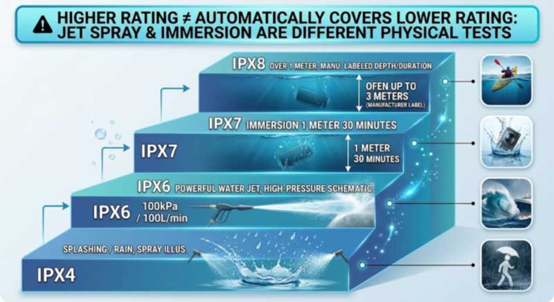 IPX rating ladder IPX4 to IPX8 for cooler backpacks with test parameters and matching real-world use scenarios