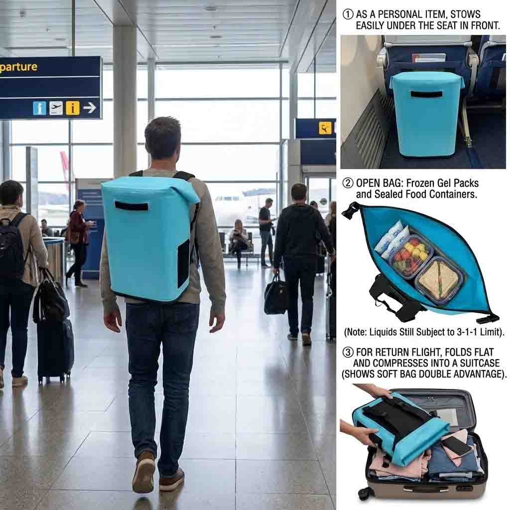 travel cooler backpack carried through an airport, stowed under the seat, and packed flat into a suitcase for the return leg travel cooler backpack carried through an airport, stowed under the seat, and packed flat into a suitcase for the return leg