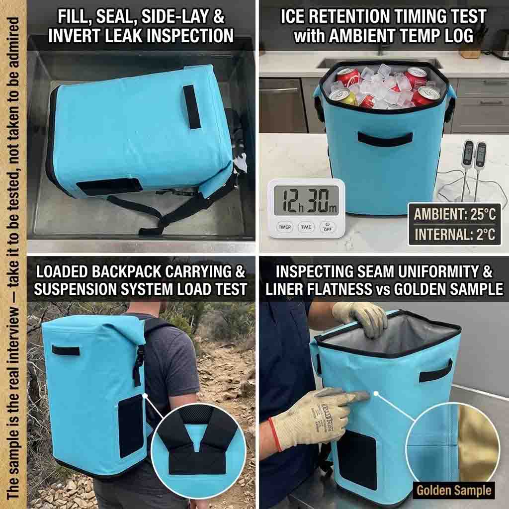 buyer testing a cooler backpack sample: leak test, ice retention timing, loaded carry and weld inspection against the gold sample