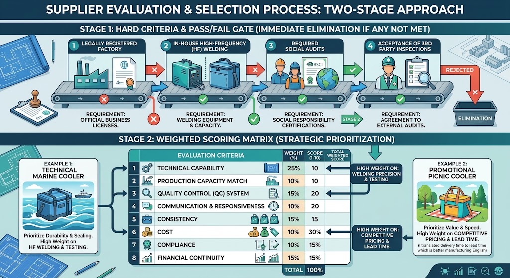 two-stage supplier selection: pass/fail gates then a weighted scoring matrix for cooler backpack manufacturers