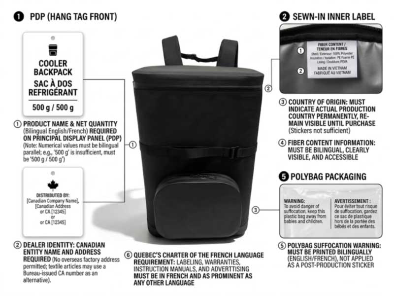 Canadian labelling requirements on a cooler bag: bilingual identity and quantity, CA dealer number, permanent origin marking and bilingual poly bag warning Canadian labelling requirements on a cooler bag: bilingual identity and quantity, CA dealer number, permanent origin marking and bilingual poly bag warning